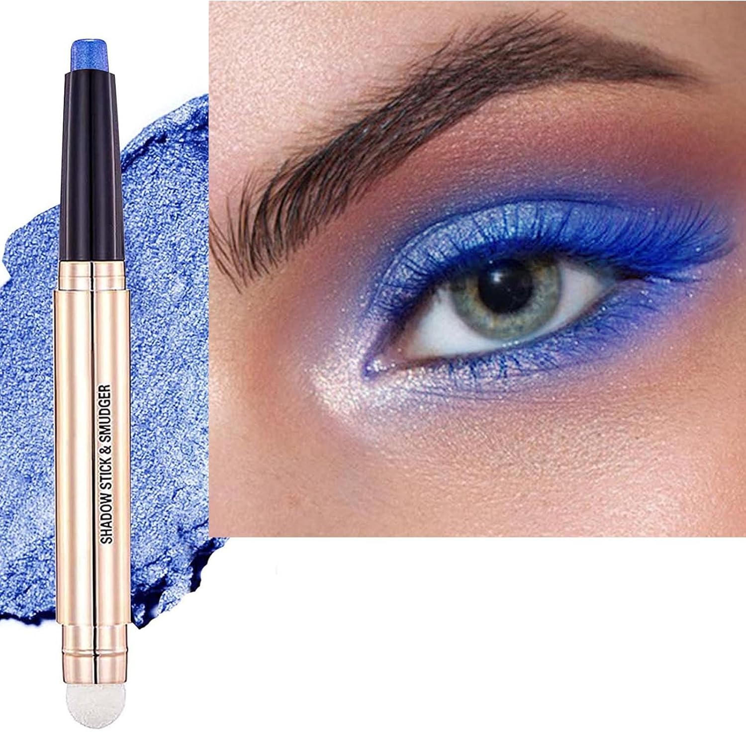 2 in 1 blue Eyeshadow stick and Sponge Makeup Brush, Smooth Cream Shimmer Shadow Pencil Long Lasting Waterproof Eye Shadow Highlighter Stick Makeup , Hypoallergenic Eyeshadow, Highlighter Eye Liner-FemmiqueWomen