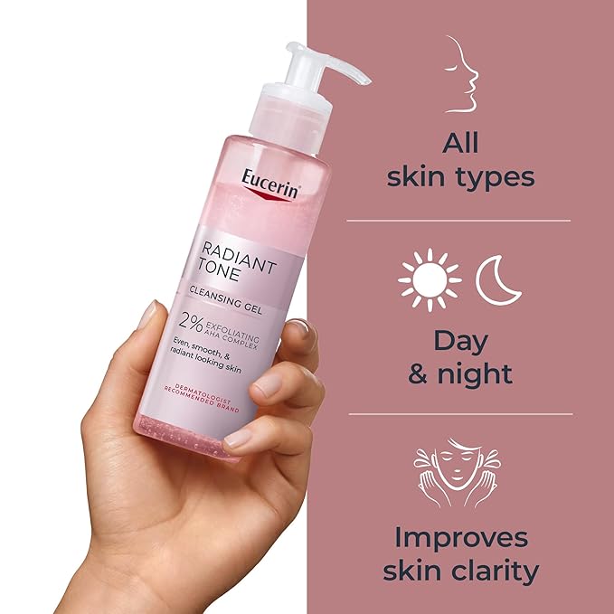 Eucerin Radiant Tone Face Cleanser Gel with 2% Exfoliating AHA Complex, Gentle Face Wash Improves Skin Clarity and Boosts Radiance, All Skin Types, 6.8 Fl Oz Bottle-FemmiqueWomen
