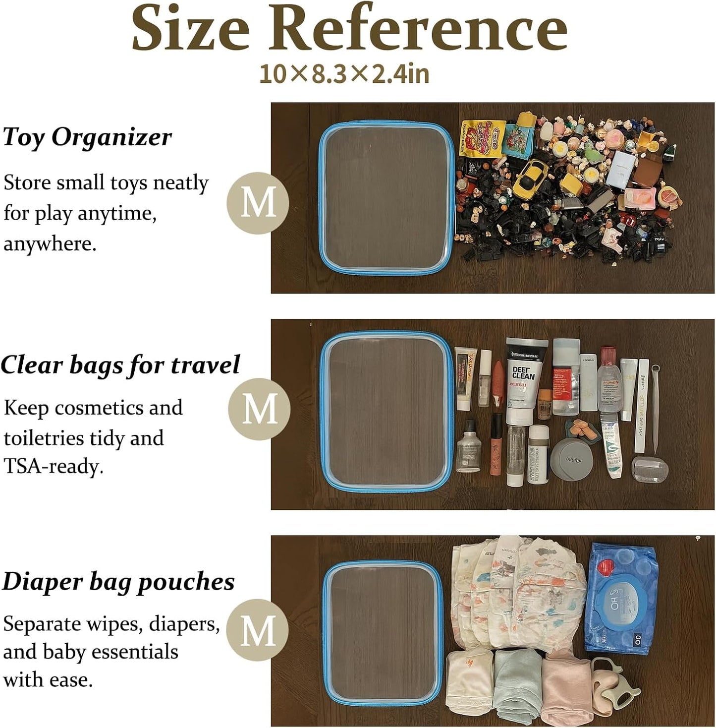 4 pcs Clear Zipper Pouches,Hard Shell Zipper Case, Toiletry Bag for Travel, CLear Diaper Bag, Toiletry Pouch, Travel Organizer, Clear Cosmetic Bag,Toy Storage Bins (M+3S) (Blue)-FemmiqueWomen