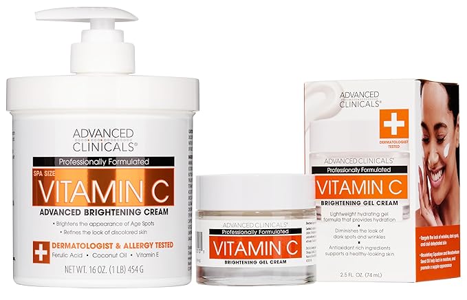 Advanced Clinicals Brightening Vitamin C Body Cream + Potent Vitamin C Face Moisturizer Gel Cream 2pc Skincare Set For Women & Men To Diminish Appearance Of Dark Spots, Wrinkles, & Dry Skin, 2pc Set-FemmiqueWomen