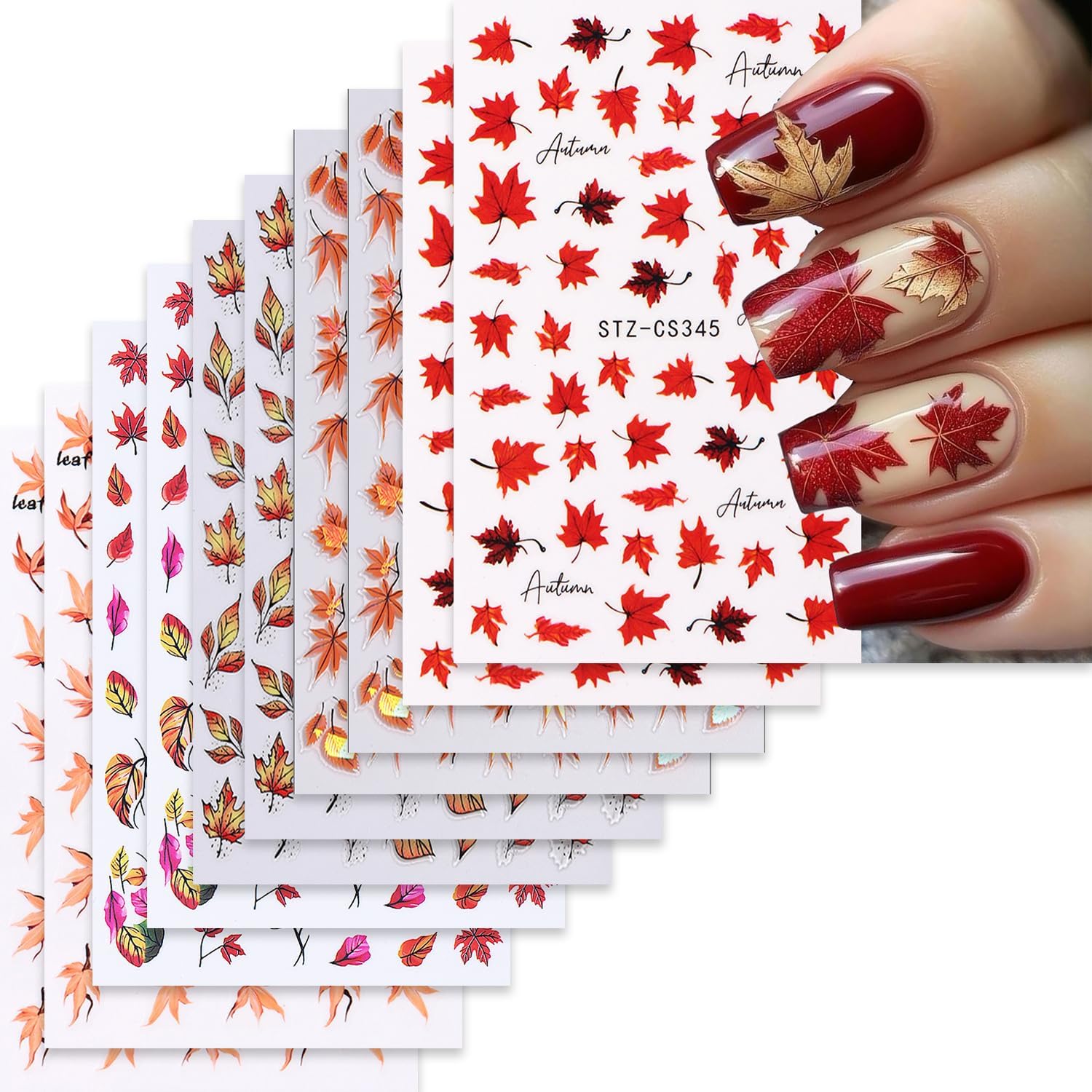10 Sheets Fall Nail Art Stickers Decals Thanksgiving Nails Decals Autumn Maple Leaf Nails Stickers Self-Adhesive Maple Leaves Nail Art Decals for Women-FemmiqueWomen