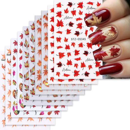 10 Sheets Fall Nail Art Stickers Decals Thanksgiving Nails Decals Autumn Maple Leaf Nails Stickers Self-Adhesive Maple Leaves Nail Art Decals for Women-FemmiqueWomen
