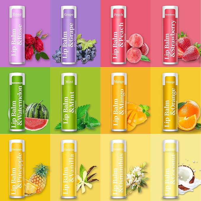 250 Pcs Lip Balm Bulk,12 Fruit Flavored Natural Bulk Lip Balm, Lip Balms Pack with Vitamin E, Lip Balm Gift Set Women Stocking Stuffers Party Favors, Moisturizing&Soothing(4.2g/0.15oz)-FemmiqueWomen