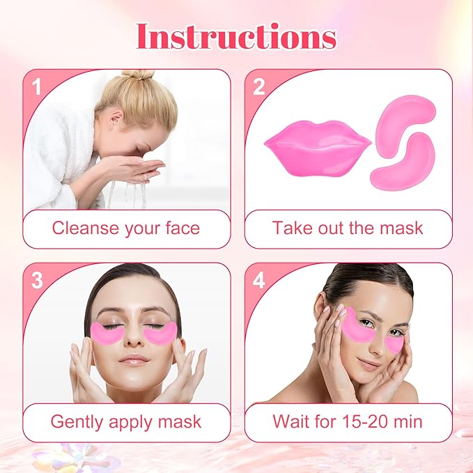 30 Pads Lip Masks & Eye Masks,Under Eye Mask Skincare,Crystal Collagen Lip Mask Sheet,Under Eye Patches for Puffy Eyes and Dark Circles,Moisturizing,Anti-Aging,Reducing Fine Lines,Pink-FemmiqueWomen