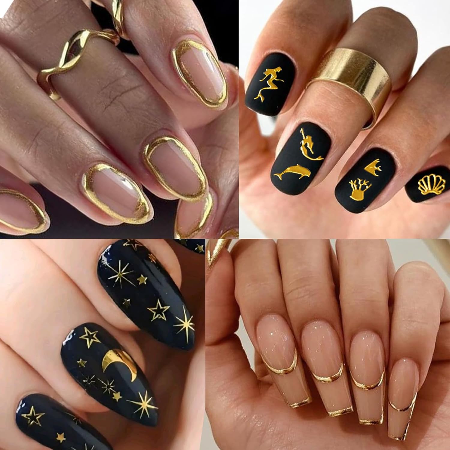 30 Pcs Glod Nail Art Stickers Decals Self-Adhesive Nail Decals Decorations Supplies Manicure Sliders for Women (Gold)-FemmiqueWomen