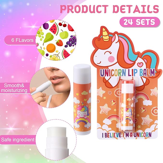 24 Sets Unicorn Party Favors Lip Balms Bulk for Kids Birthday Party Moisturizing Lip Balm for Unicorn Themed Celebration Gifts Lip Care Products for Classroom Rewards Favor Party Supplies-FemmiqueWomen
