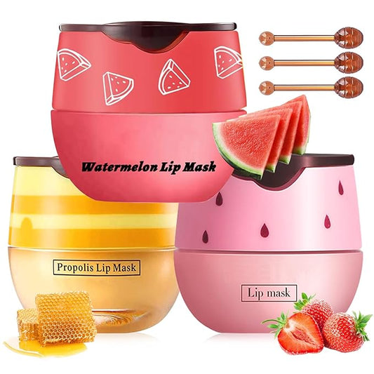 3 PCS Bee Lip Balm Lip Mask Honey Pot, Honey & Strawberry & Watermelon Lip Mask Overnight Propolis Moisturizing Lip Balm with Stick, Hydrating Repair Lip Sleeping Mask,Prevention Dry & Cracked-FemmiqueWomen