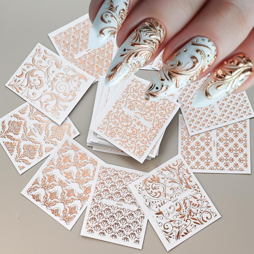 30 Sheets Rose Gold Lace Line Nail Stickers 3D Self Adhesive Nail Art Charms Sticker Decals for Crafts Supplies Accessories (ST-RG)-FemmiqueWomen
