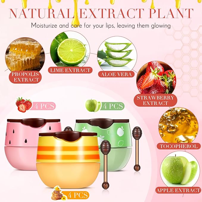 12 Pcs Bee Lip Balm Honey Pot with Brush Propolis Lip Mask Overnight, Moisturizing Hydrating Lip Sleeping Mask Prevention Dry and Cracked(Honey+Strawberry+Apple Lime)-FemmiqueWomen