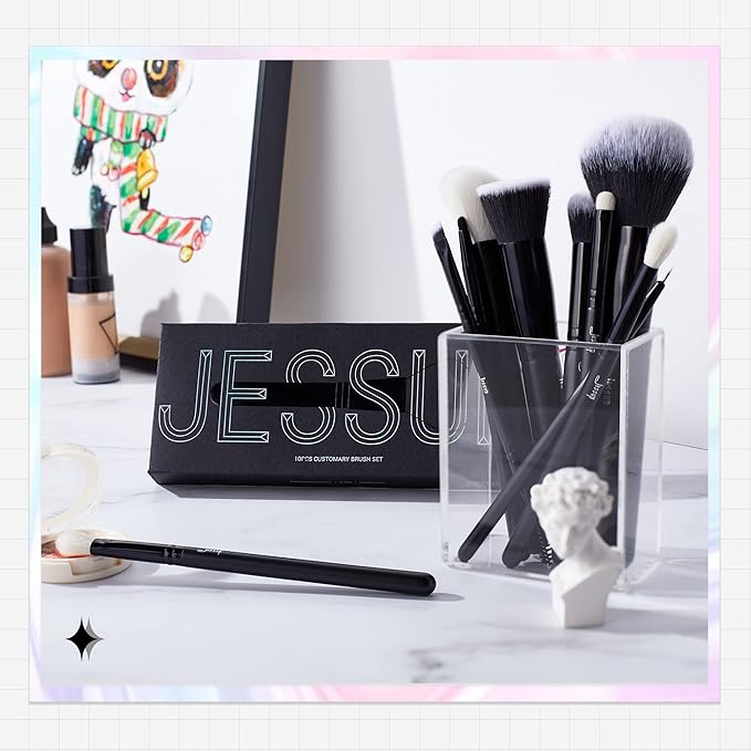 Jessup Makeup Brush Set 10pcs Black Make up Brushes Set Professional with Natural Synthetic Hair for Foundation Blending Blush Concealer Eyeshadow Eyebrow Eyeliner, T323-FemmiqueWomen
