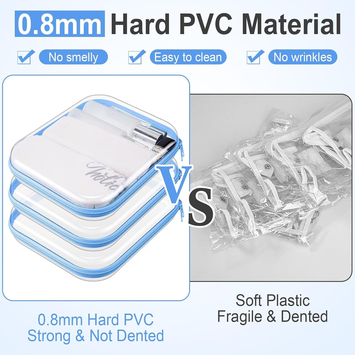 Hoolerry 3 Pcs Clear Hard Zipper Case Plastic Pouch Transparent Hard Case Clear Makeup Bag Portable Travel Organizer Bin for Cosmetics, Building Blocks, Puzzles(Blue,M)-FemmiqueWomen