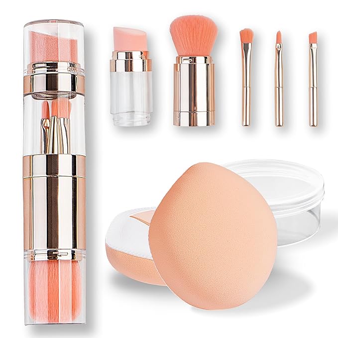 kullder 5-in-1 Makeup Brush Travel Makeup Brush set Dual Ended Mini Makeup Brush Pen Foundation Powder Concealer Shadow Blush Makeup Brushes with 2 Sponge Puff Womens Gift Idea for Beauty Lover-FemmiqueWomen