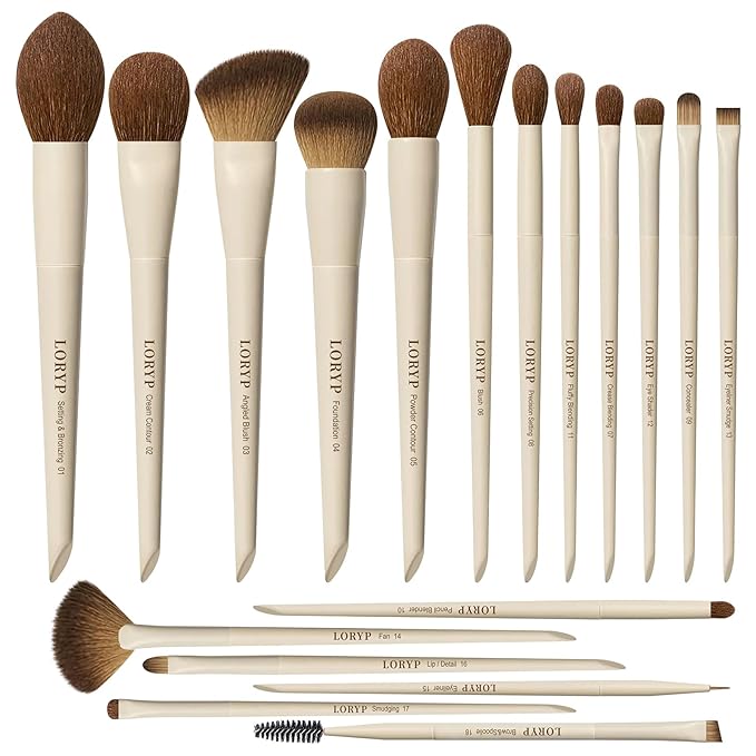 LORYP Makeup Brushes Set Labeled 18 Piece Face and Eye Brush Set Ultra soft hair Foundation, Concealer, Blush, Contour, Blending, Eyeshadow Khaki Brush kit-FemmiqueWomen