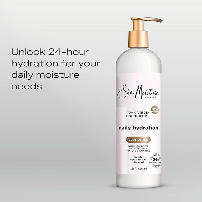SheaMoisture Daily Hydration Body Lotion with 100% Virgin Coconut Oil, Shea Butter, Coconut Milk and Pro-Ceramides, Quickly Nourish & Soften Skin, 24H Moisturizing 16 oz-FemmiqueWomen