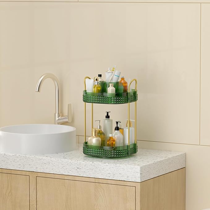 360° Rotating Makeup Organizer 2 Tier, Large Skincare Clear Make Up Storage Spinning Perfume Organizers for Bathroom Counter Dresser, Green-FemmiqueWomen