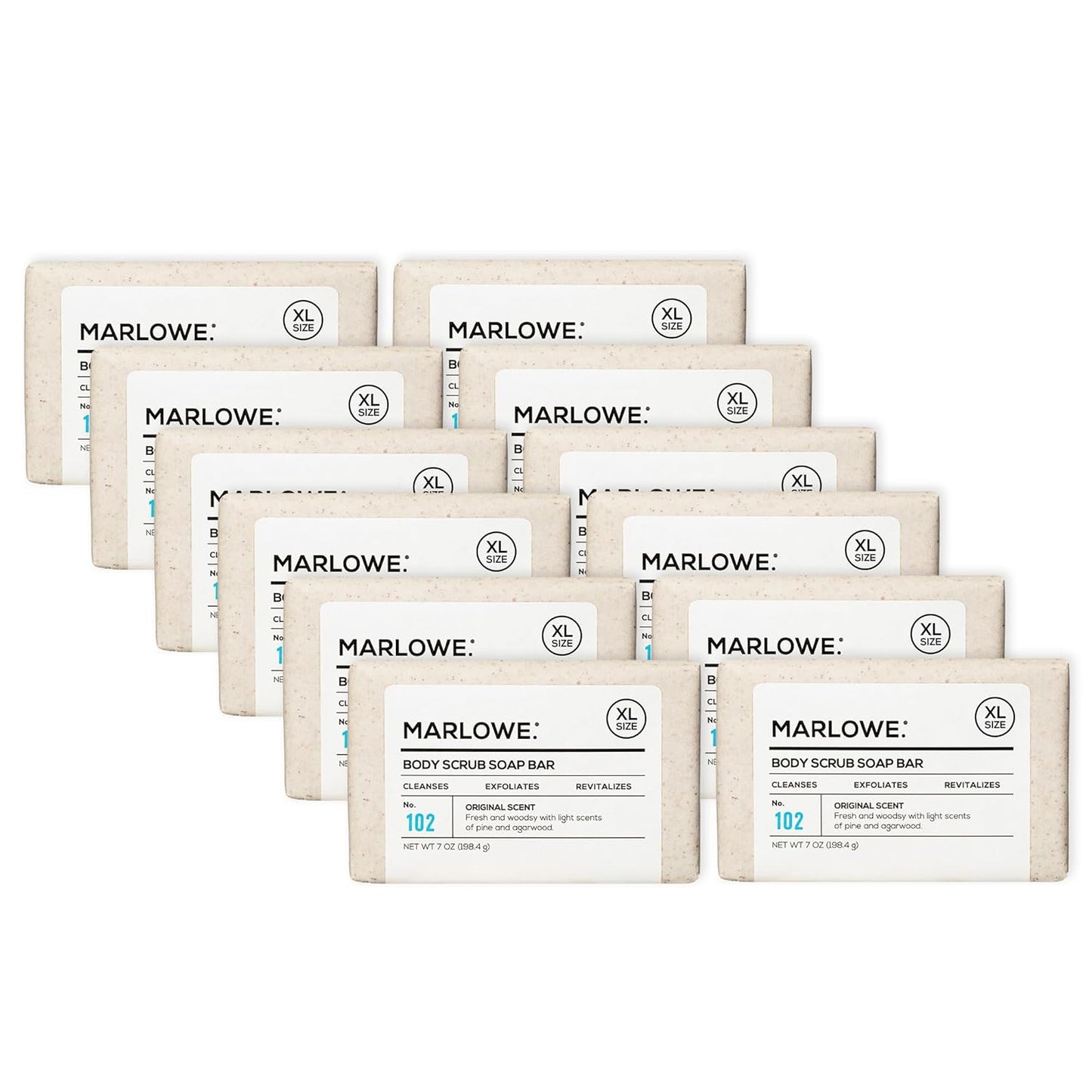 MARLOWE. No. 102 Body Scrub Soap 7 oz (12 Bars), Exfoliating Soap Bar with Shea Butter, Olive Oil & Green Tea Extracts, Cleanses, Smooths & Revitalizes Skin, Original Sage & Fir Scent-FemmiqueWomen