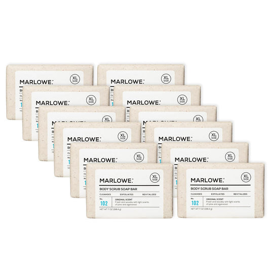 MARLOWE. No. 102 Body Scrub Soap 7 oz (12 Bars), Exfoliating Soap Bar with Shea Butter, Olive Oil & Green Tea Extracts, Cleanses, Smooths & Revitalizes Skin, Original Sage & Fir Scent-FemmiqueWomen