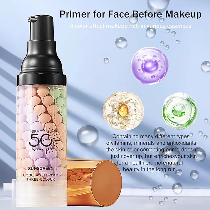 3 In 1Primer for Face Before Makeup,Sunscreen Isolation Cream, SPF 50, One Step Color Corrector Face Primer, Blurs Imperfections Oil Control & Moisturizing Skin Tone Correcting,Radiance Skin-FemmiqueWomen