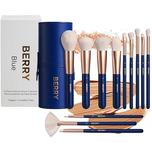 BERRY Blue Premium Makeup Brush Set – 12-Piece Professional Ultra-Soft Synthetic Brushes for Face & Eyes | Foundation, Powder, Blush, Concealer, Eyeshadow – Vegan, Cruelty-Free, Numbered, Travel Case-FemmiqueWomen