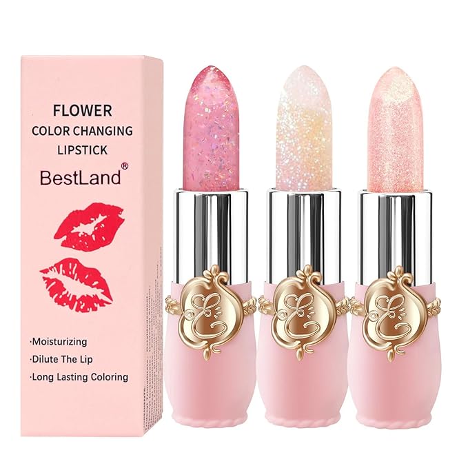 3 Pcs/Set Flower Jelly Lipstick Set Temperature Change Moisturizer Long Lasting Nutritious Glossy Shine Lip Balm Magic Gold Crystal PH Color Change Lip Gloss for Women-FemmiqueWomen