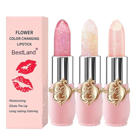 3 Pcs/Set Flower Jelly Lipstick Set Temperature Change Moisturizer Long Lasting Nutritious Glossy Shine Lip Balm Magic Gold Crystal PH Color Change Lip Gloss for Women-FemmiqueWomen