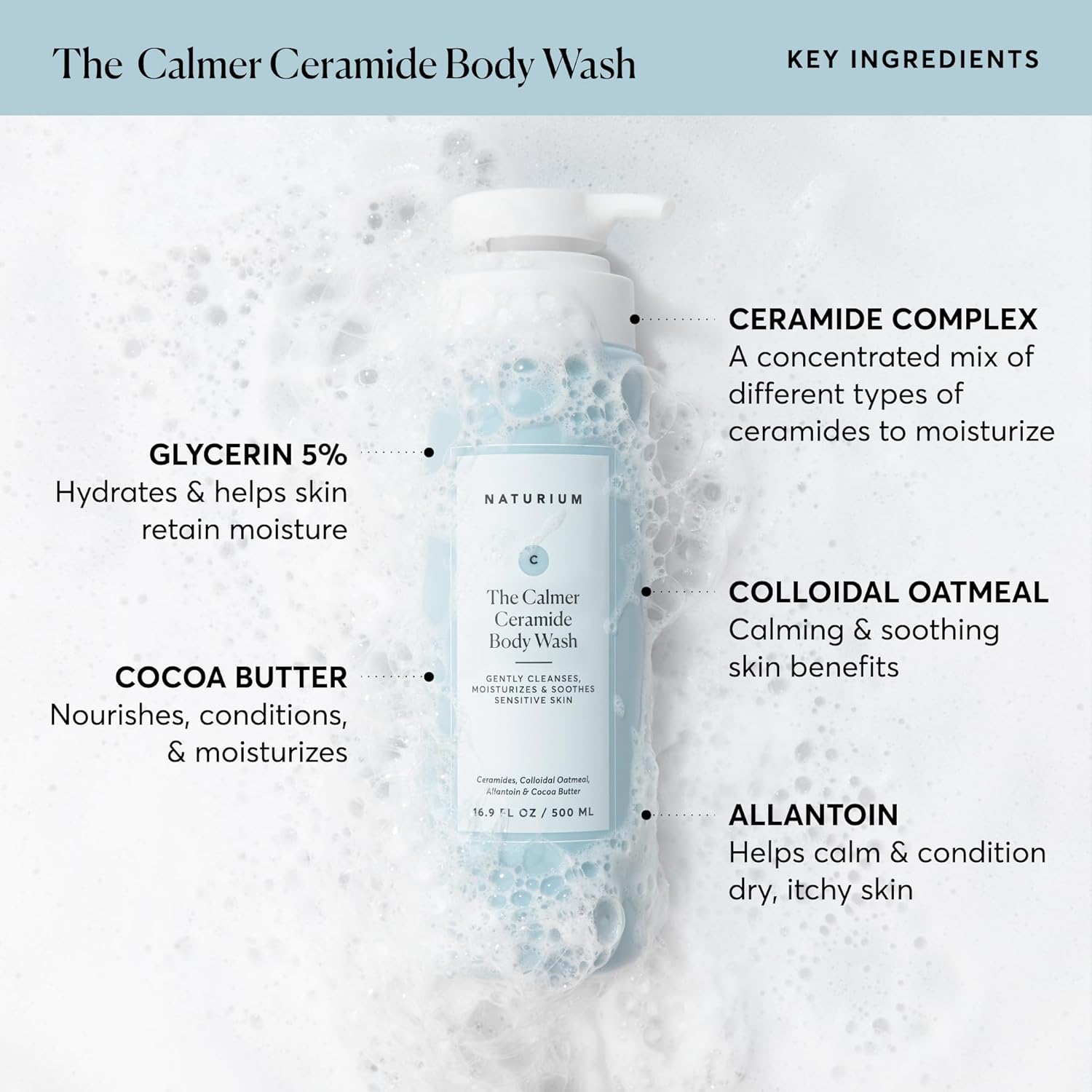 Naturium The Calmer Ceramide Body Wash, Frangrance-Free, Cleansing & Moisturizing for Dry, Sensitive Skin, Dermatologist-Tested, Paraben & Cruelty-Free, 16.9 oz-FemmiqueWomen