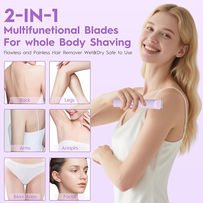 2025 Upgraded Dermave Bikini Shaver - 2 in 1 Bikini Trimmer for Women with LCD Display, Dual Head Cordless Electric Shaver, IPX7 Waterproof Wet/Dry Body Hair Trimmer for Face,Purple-FemmiqueWomen