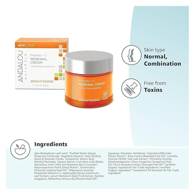 Andalou Naturals Probiotic + C Renewal Cream, Probiotic Plus C, Complexion Enhancing Face Moisturizer, Helps Promote Firmer Skin & More Even Skin Tone, Lightweight Hydrating Facial Moisturizer, 1.7 Oz-FemmiqueWomen