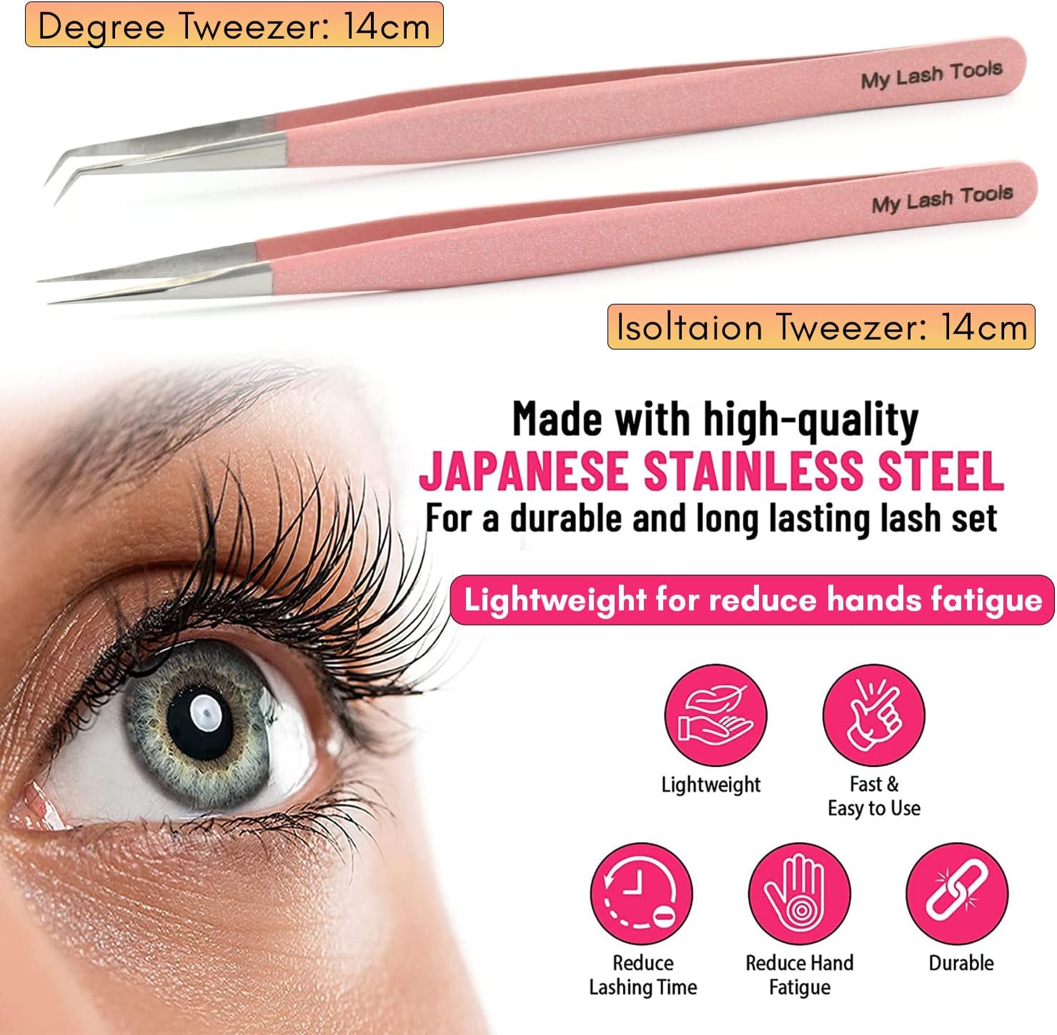 2pcs Straight & Curved Isolation Tweezers for Eyelash Extensions – 14cm Japanese Stainless Steel, Blush Pink, Best for Individual & Classic Lashes-FemmiqueWomen