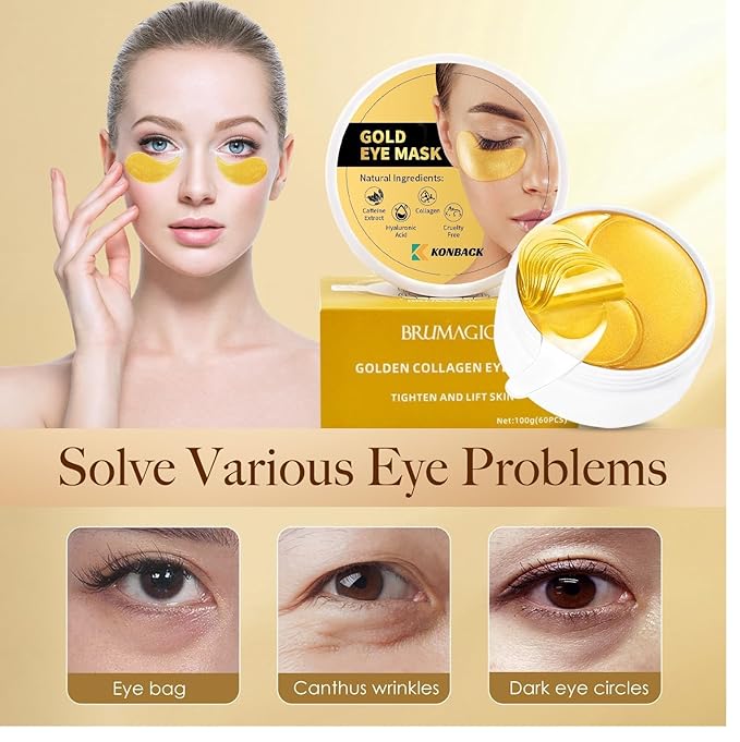 24K GOLD Eye Mask - 60 Pcs Collagen Under Eye Mask,Puffy Eyes and Dark Circles Treatments, Reduce Wrinkles and Fine Lines Undereye (Gold, 1)-FemmiqueWomen