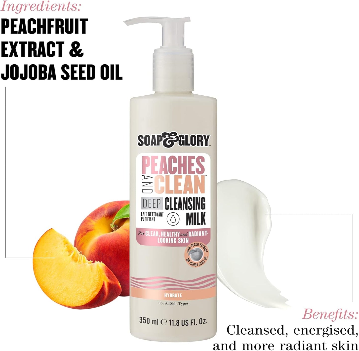 Soap & Glory Peaches & Clean Deep Cleansing Milk - 4 in 1 Milk Cleanser & Makeup Remover with Peach Extract, Ginseng & Jojoba Oil - Hydrating Facial Cleanser for Clarified & Energized Skin (350ml)-FemmiqueWomen