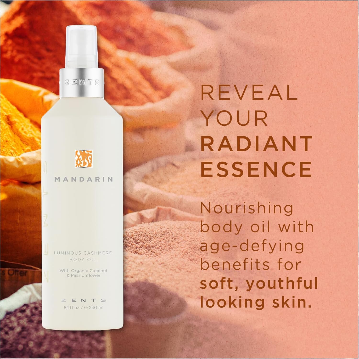 Zents Luminous Cashmere Body Oil (Mandarin Fragrance) | Moisturizing Body Oil with Vitamin E & Organic Coconut Oil | Softens & Smooths Skin | 8 fl oz-FemmiqueWomen