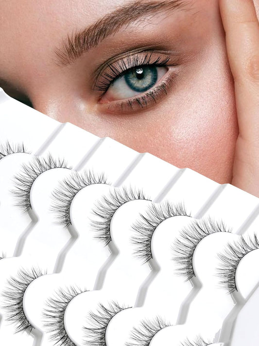 Lashes Wispy Eyelashes False Eyelashes 10MM Short Lash Thin Band Strip Lashes Natural Lashes 3D Volume Eyelashes Soft False Lashes 7 Pair Siligli-FemmiqueWomen