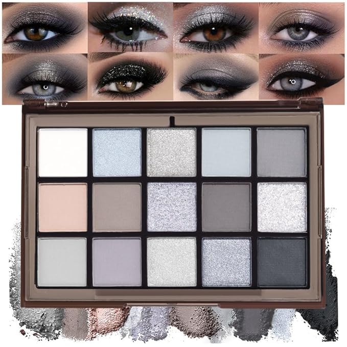 15 Colors Black Gray Silver Matte Shimmer Eyeshadow Palette for Eye Makeup,High Pigmented Brown White Eye Shadow Primers Powder Palet de sombras de ojos-FemmiqueWomen
