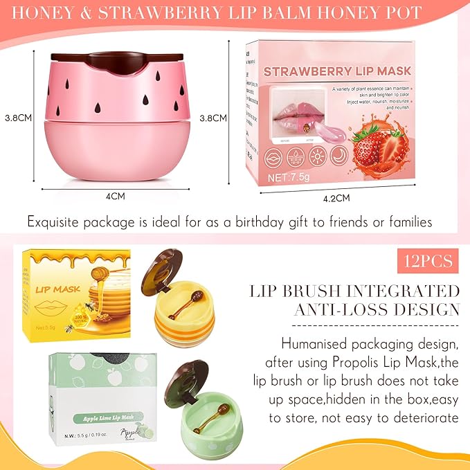 12 Pcs Bee Lip Balm Honey Pot with Brush Propolis Lip Mask Overnight, Moisturizing Hydrating Lip Sleeping Mask Prevention Dry and Cracked(Honey+Strawberry+Apple Lime)-FemmiqueWomen