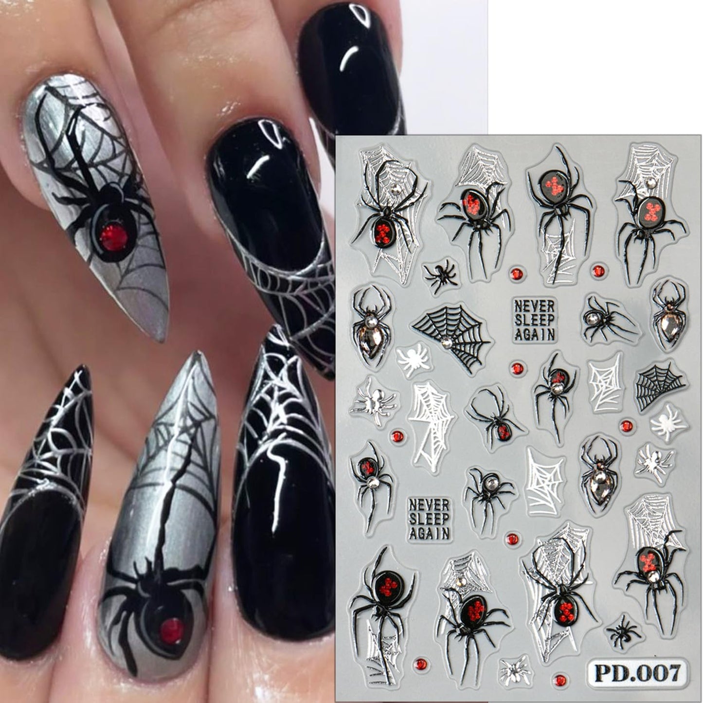 2 Sheets Spider Nail Decals for Nail Art Embossed Halloween Nail Stickers with Rhinestones Designs 5D Horror Spider Nail Art Stickers Self-Adhesive Halloween Holiday Nail Supplies for Women-FemmiqueWomen