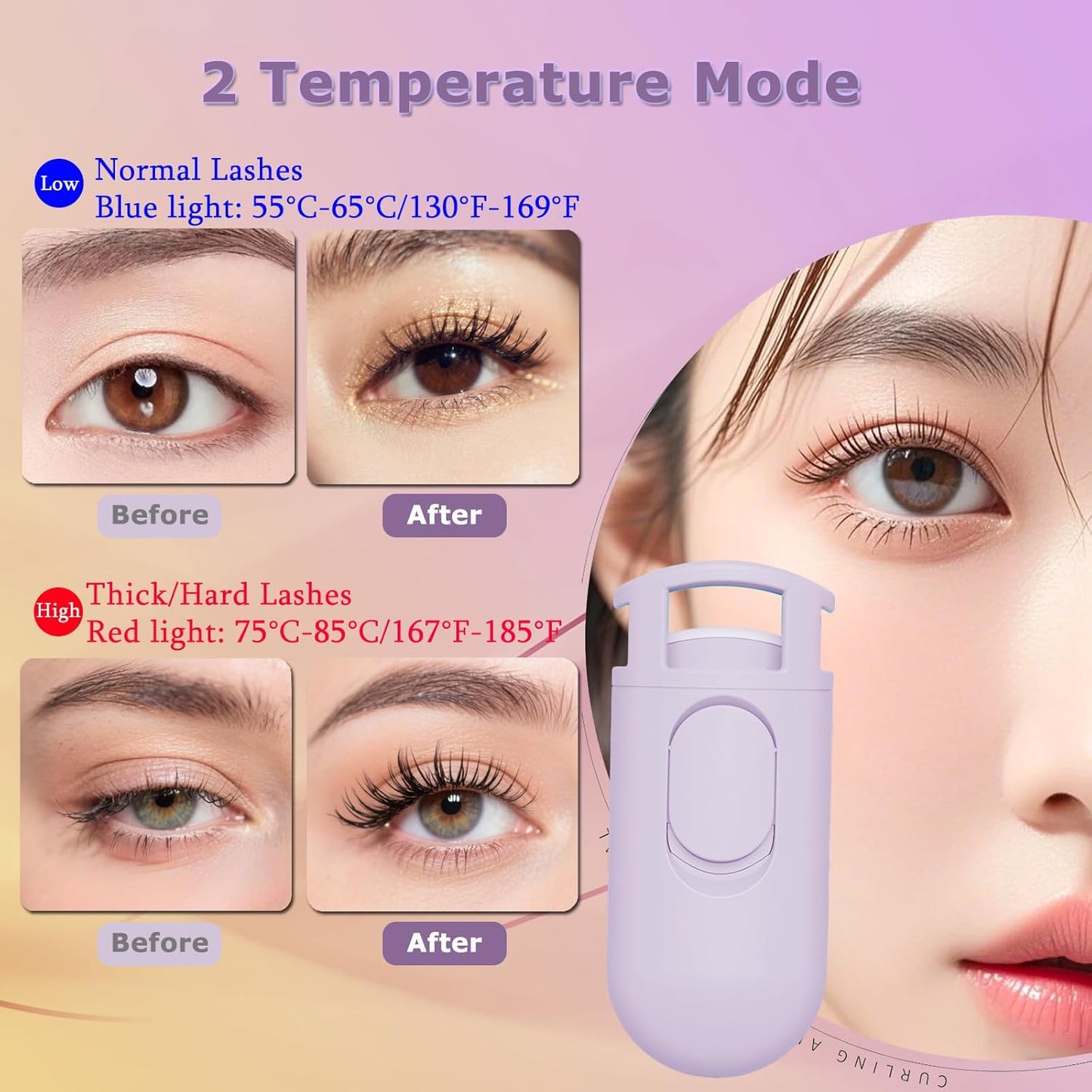 Heated Eyelash Curler - Wide Open Dual-Arc Design Heated Lash Curler - Electric Eyelash Curler - Type-C Rechargeable Mini Lash Curler Natural Curling 24H Long Lasting for Women - Purple-FemmiqueWomen