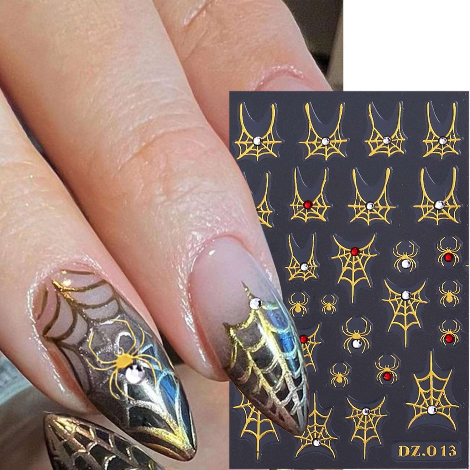 3 Sheets Spider Web Nail Stickers for Nail Art Gold Silver Halloween Nail Art Stickers Holographic Laser Spider Nail Decals With Diamond Designs 5D Self-Adhesive Scary Halloween Nail Sticker for Women-FemmiqueWomen