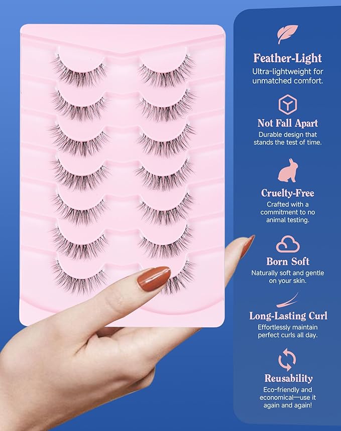 Lashes Natural CLear Band Wispy False Eyelashes Natural Look Flared Strip Eyelash False Eye Lash Soft 7 Pairs Everyday SF-04-FemmiqueWomen