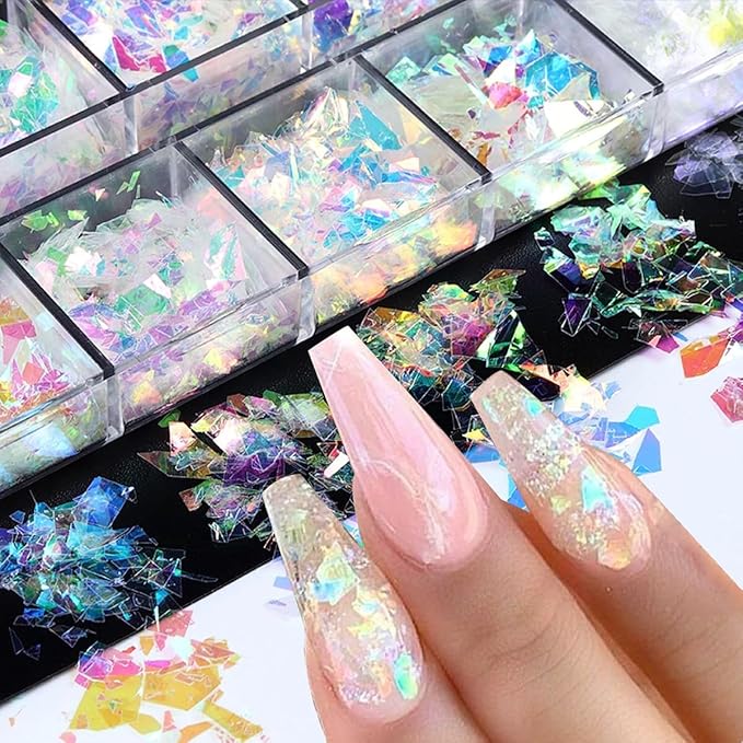 12 Colors Holographic Nail Art Glitter Sequins Aurora Holographic Mermaid Nail Glitter Flash Ice Residue Nail Glitter Sequin Chameleon Flakes Set Fluorescent Glass Paper for Face Body DIY Decoration-FemmiqueWomen