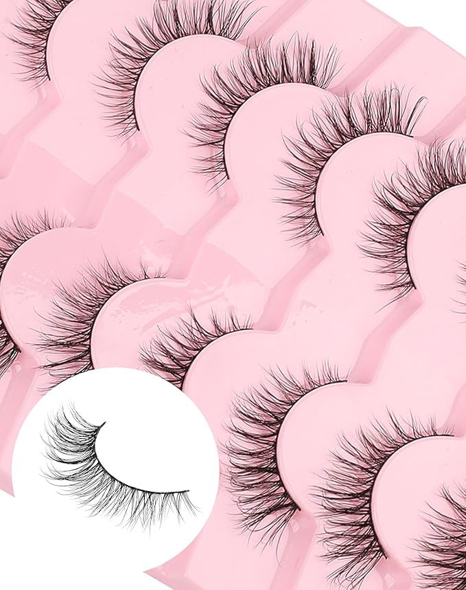 Cat Eye Lashes Short Strip Lashes Natural Looking False Eyelashes Wispy Fake Lashes Fluffy False Eyelashes Think Eye Lashes Pack 7 Pairs-FemmiqueWomen