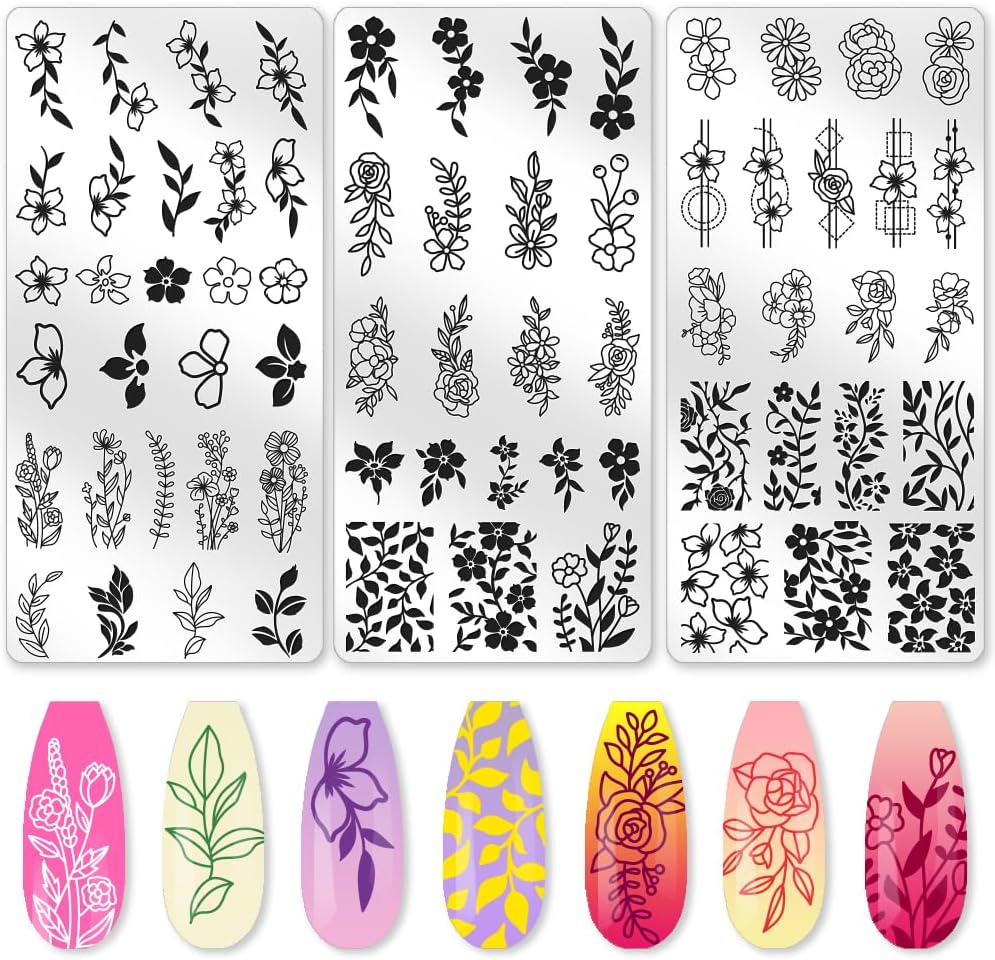 3Pcs Flower Vine Nail Stamping Plate Set Floral Leaves Rose Daisy Nail Stamp Templates Metal Reusable Tools with Stamper Scraper for Manicure Printing-FemmiqueWomen