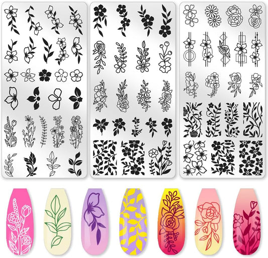 3Pcs Flower Vine Nail Stamping Plate Set Floral Leaves Rose Daisy Nail Stamp Templates Metal Reusable Tools with Stamper Scraper for Manicure Printing-FemmiqueWomen