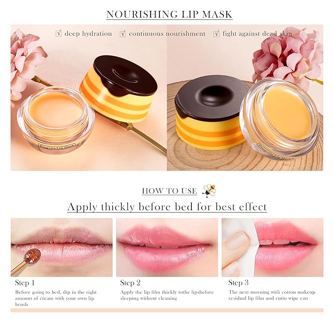 2Pcs Bee Lip Balm Honey Pot, Bee Honey Lip Sleeping Mask Overnight Repair Lip, Moisturizing Lip Mask Bee Lip Balm Pot with Wand, Hydrate Nourish Lips Lip Scrubs Exfoliator-FemmiqueWomen