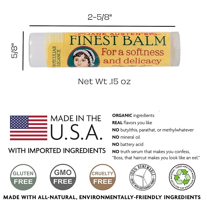 Jane Austen's Finest Balm, Lip Balm Tube, Peppermint Flavored - Cruelty-Free and Made in the USA from Natural and Imported Ingredients-FemmiqueWomen