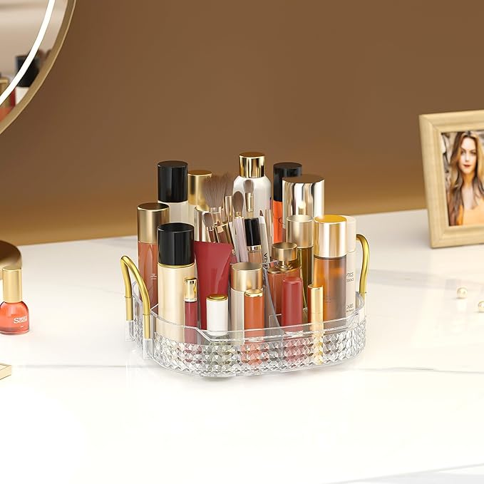 Awenia Rotating Makeup Organizer 360, Stackable Adjustable Large Capacity Cosmetic Storage Unit,Dresser Bathroom Kitchen Countertop Organizer with Metal Handle, Plus Size (Clear, 1 Tier)-FemmiqueWomen
