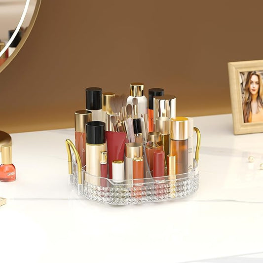 Awenia Rotating Makeup Organizer 360, Stackable Adjustable Large Capacity Cosmetic Storage Unit,Dresser Bathroom Kitchen Countertop Organizer with Metal Handle, Plus Size (Clear, 1 Tier)-FemmiqueWomen