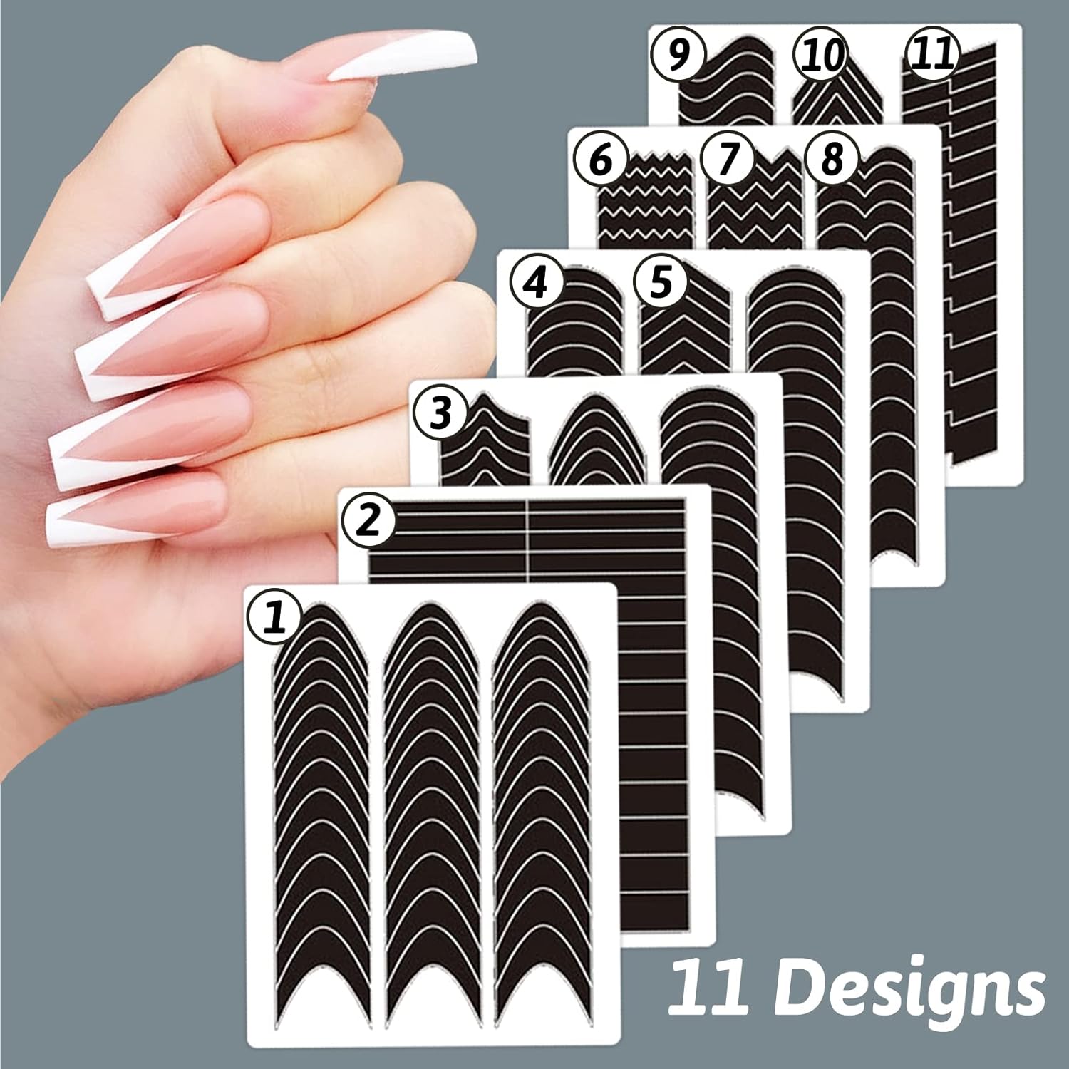 1422 Pcs French Tip Nail Guides, Self-Adhesive French Moon Shaped V-Shaped Manicure Strip Stickers for Edge Auxiliary Black DIY Decoration Stencil Tools(11 Designs, 36 Sheets)-FemmiqueWomen