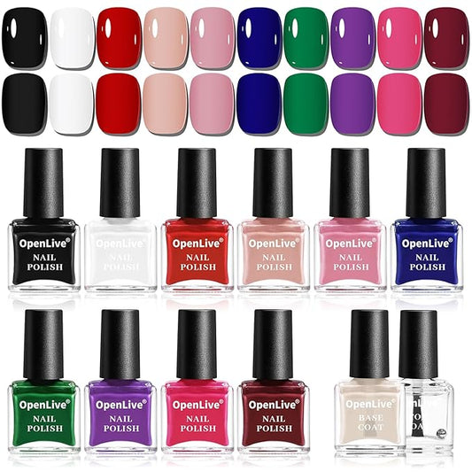 12 PCS Nail Polish Set With 10 Colour Combo, 2 PCS Base And Top Coat,Fast Drying Nail Polish For Home DIY And Beginners.-FemmiqueWomen