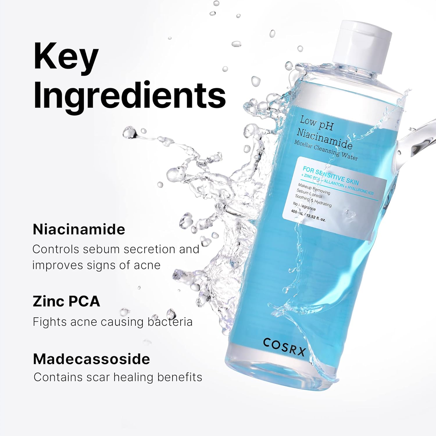 COSRX Low pH Niacinamide Micellar Cleansing Water Daily Mild Facial Cleansing Wash for Sensitive Skin, Sebum control, Korean Skin Care (13.52fl.oz/400ml)-FemmiqueWomen